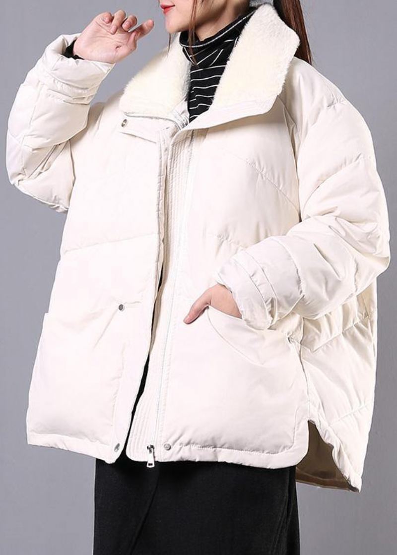 Luxe Grande Taille Revers Vêtements D'hiver Beige Poches Zippées Femmes Parka