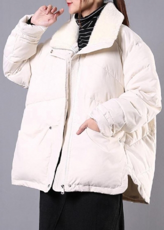 Luxe Grande Taille Revers Vêtements D'hiver Beige Poches Zippées Femmes Parka