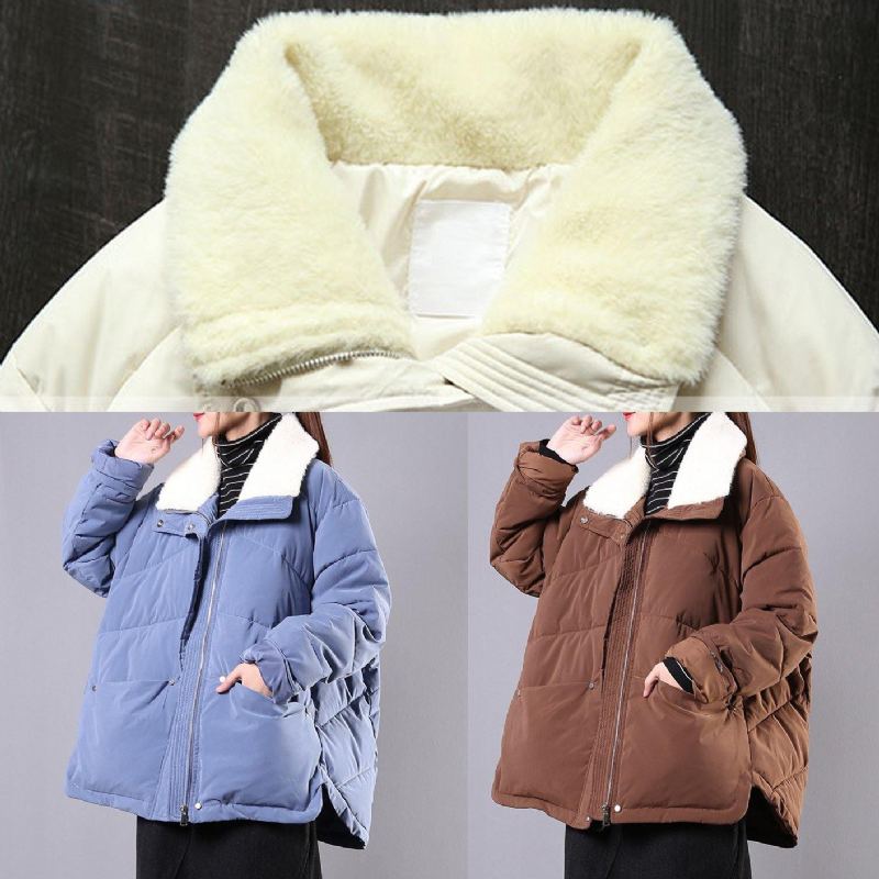 Luxe Grande Taille Revers Vêtements D'hiver Beige Poches Zippées Femmes Parka - Bleu