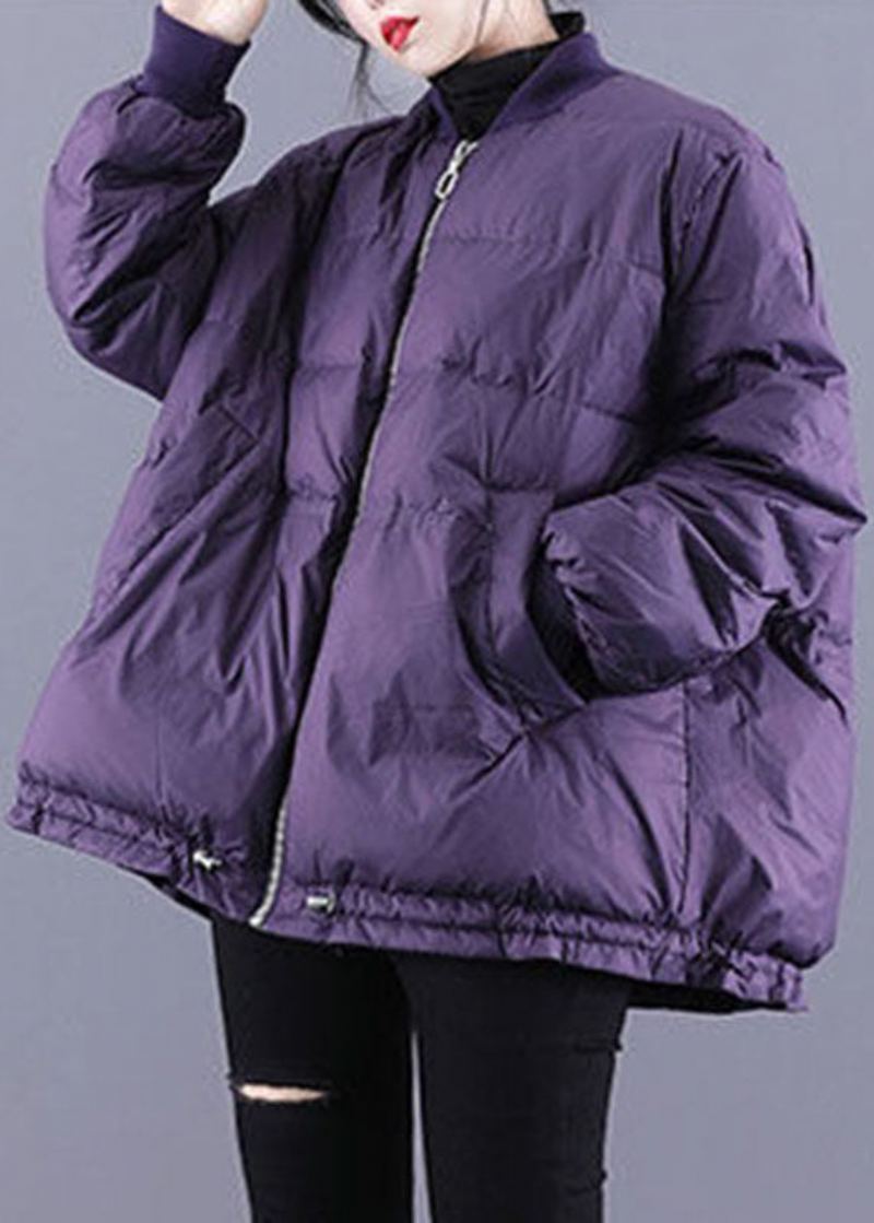 Luxe Violet Poches Zippées Cordon Hiver Vers Le Bas Manteaux À Manches Longues - Doudounes femmes