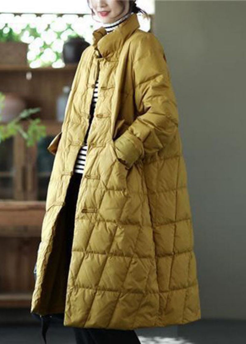 Magnifique Manteau Bouffant En Duvet De Canard Jaune Col Montant Bouton Oriental Solide Hiver