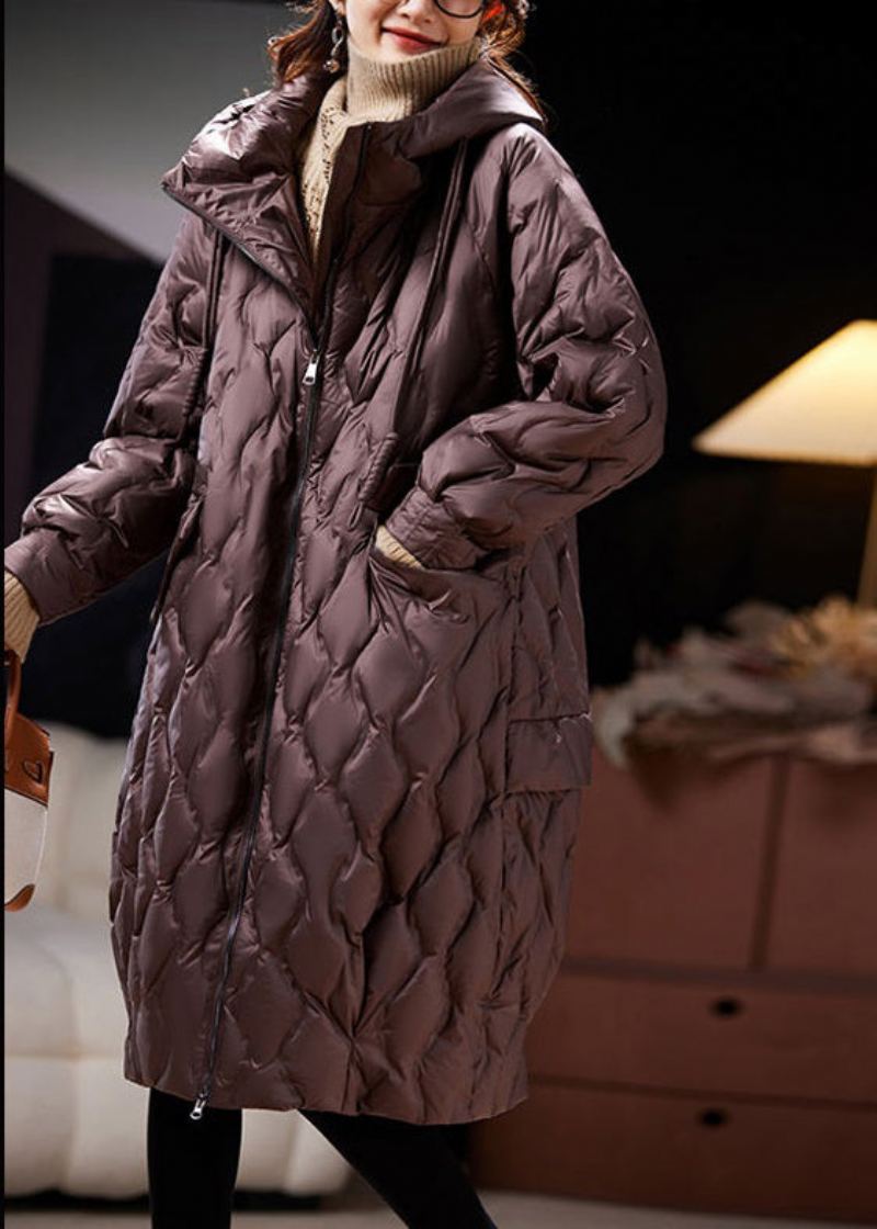 Manteau Ample En Duvet De Canard Avec Poches À Capuche Et Café Pour L'hiver - Doudounes femmes