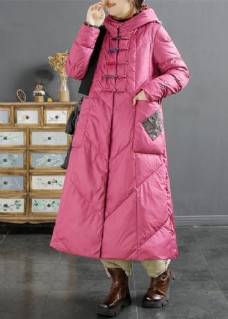 Manteau Bouffant En Duvet De Canard Avec Poches À Capuche Et Boutons Chinois Rétro Hiver