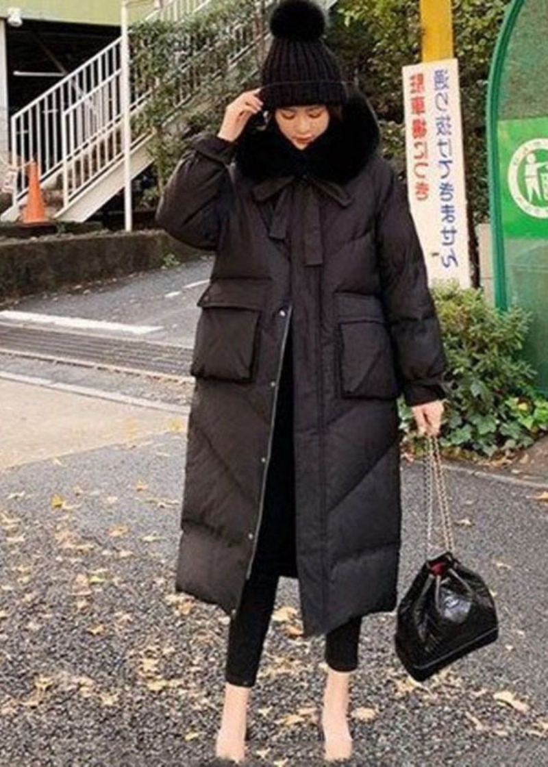 Manteau Bouffant En Duvet De Canard Avec Poches Zippées Et Col En Fourrure Noire Française Hiver