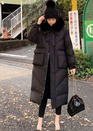 Manteau Bouffant En Duvet De Canard Avec Poches Zippées Et Col En Fourrure Noire Française Hiver