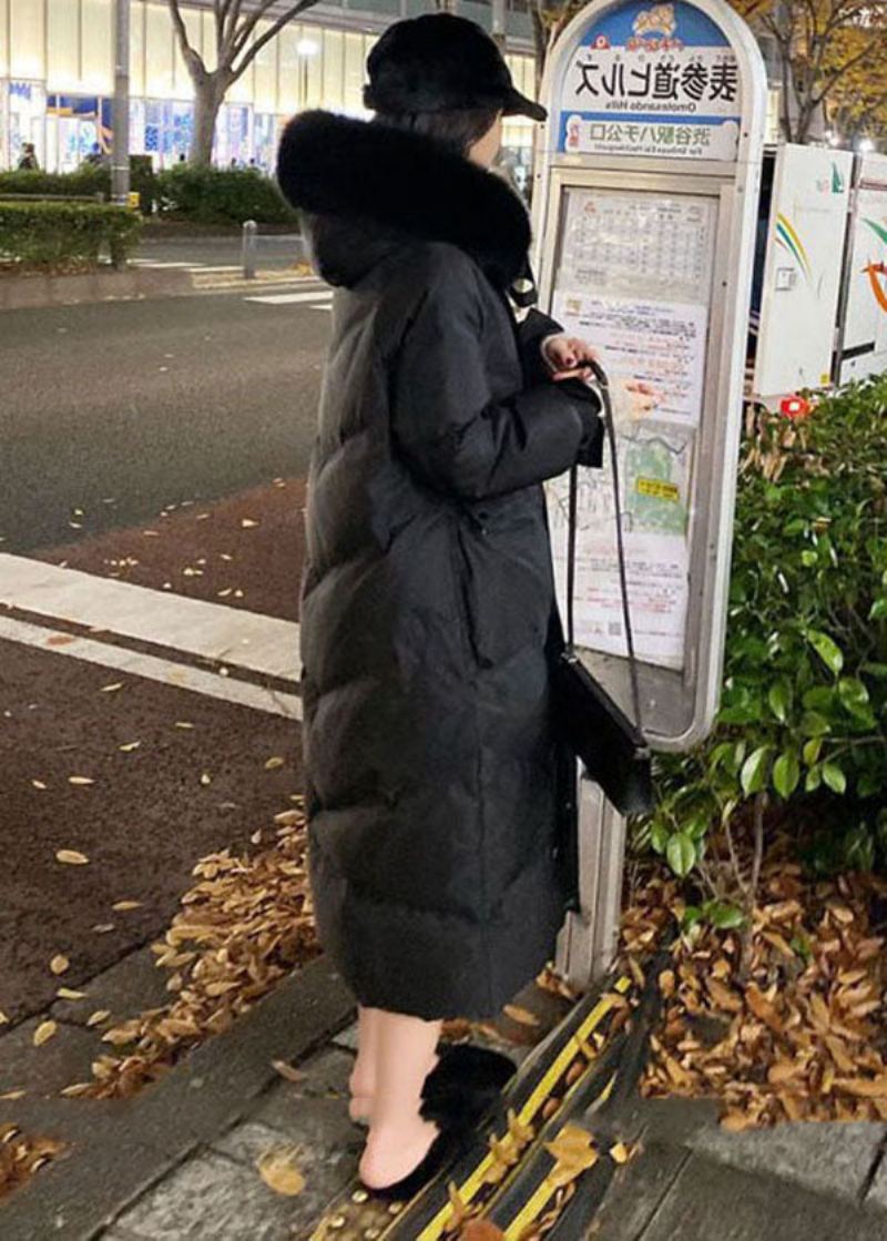 Manteau Bouffant En Duvet De Canard Avec Poches Zippées Et Col En Fourrure Noire Française Hiver - Noir