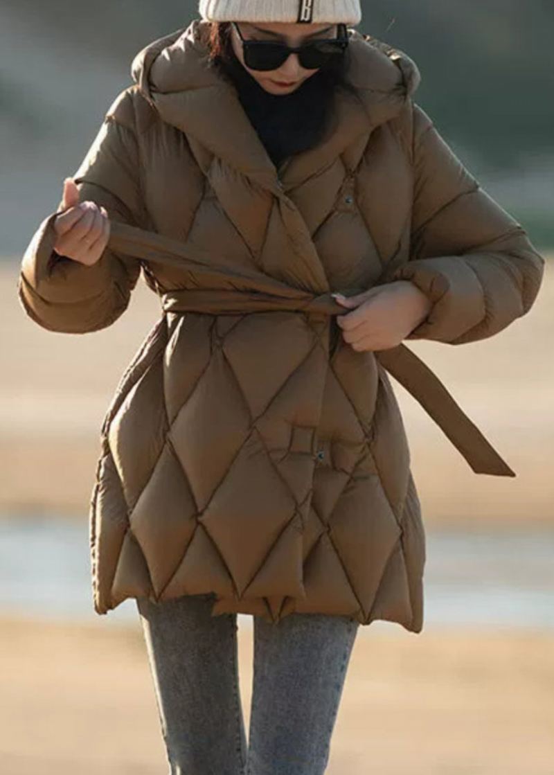 Manteau Bouffant En Duvet De Canard À Capuche Marron Italien Taille Nouée Hiver - Doudounes femmes