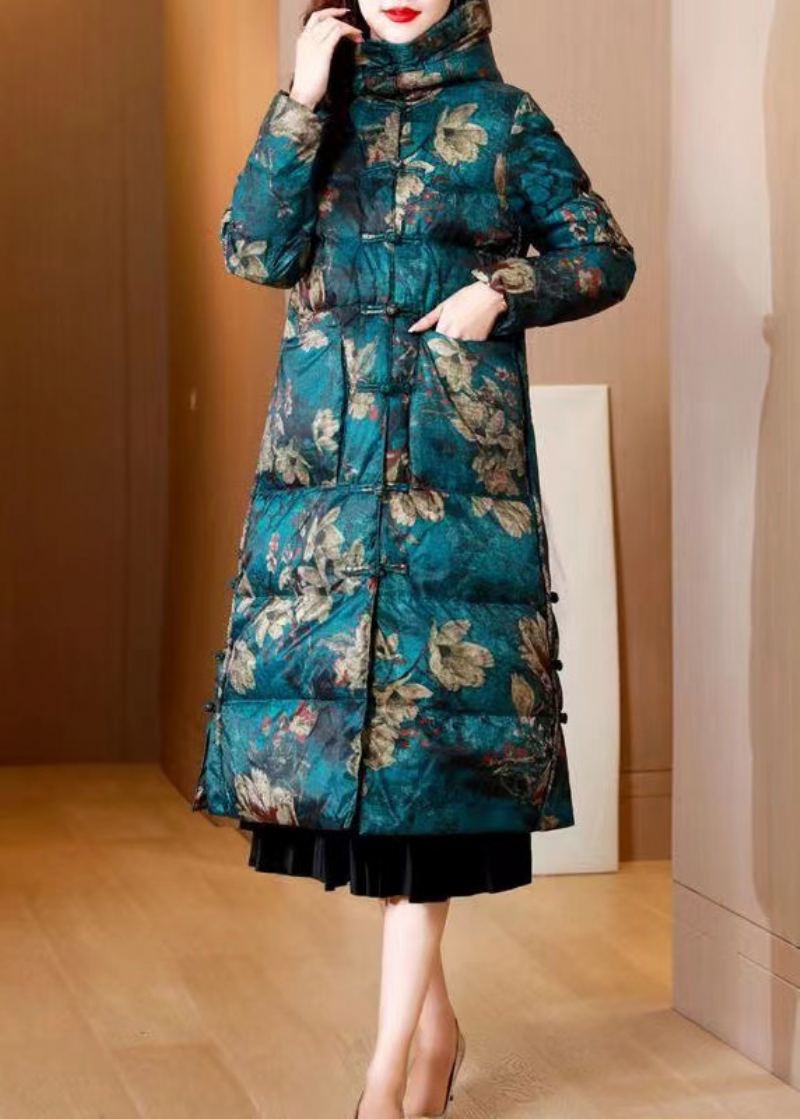 Manteau Bouffant En Duvet De Canard Pour Femme Poches Imprimées Vertes Boutons Chinois Hiver - Doudounes femmes