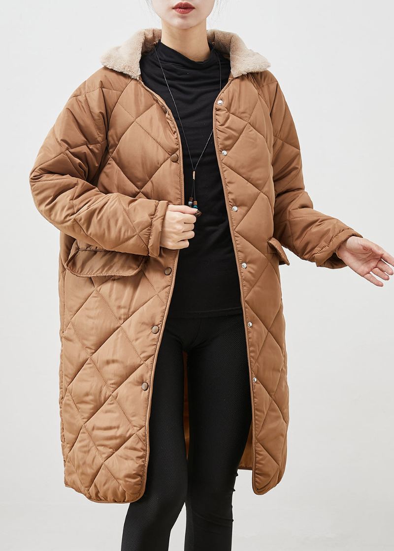 Manteau Bouffant En Duvet De Canard Marron Avec Poches Et Col En Fourrure Pour L'hiver