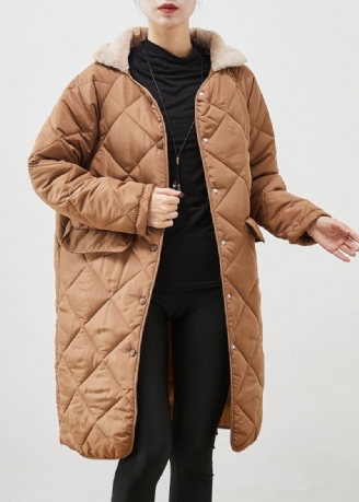 Manteau Bouffant En Duvet De Canard Marron Avec Poches Et Col En Fourrure Pour L'hiver