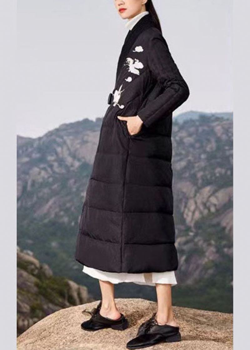 Manteau Bouffant En Duvet De Canard Noir Brodé À La Taille Grande Hiver - Noir