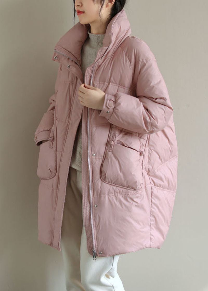 Manteau Bouffant En Duvet De Canard Rose Français Avec Fermeture Éclair Et Boutons Orientaux Hiver