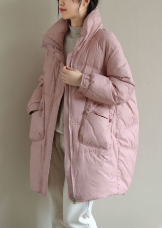 Manteau Bouffant En Duvet De Canard Rose Français Avec Fermeture Éclair Et Boutons Orientaux Hiver