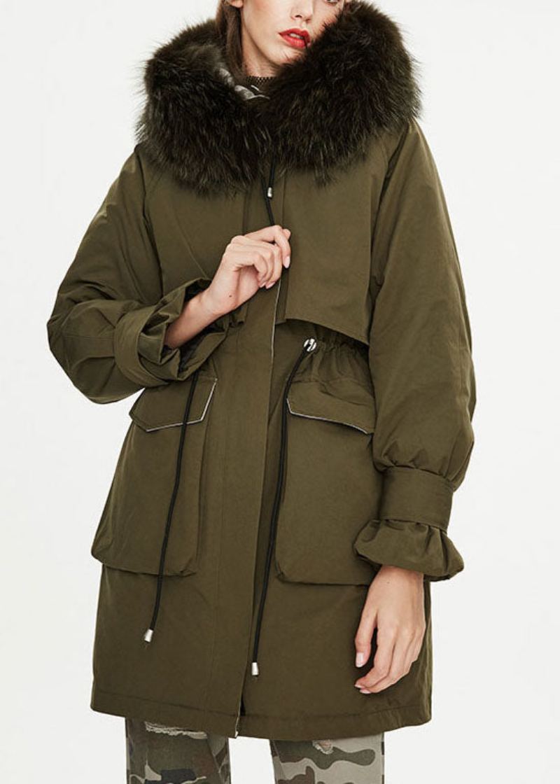 Manteau Bouffant En Duvet De Canard Vert Armée Moderne Poches À Col En Fourrure Cravate À La Taille Hiver - Doudounes femmes