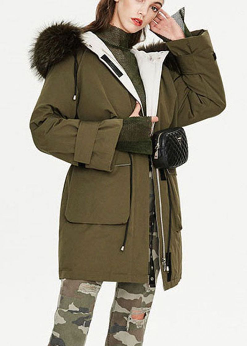 Manteau Bouffant En Duvet De Canard Vert Armée Moderne Poches À Col En Fourrure Cravate À La Taille Hiver - Doudounes femmes