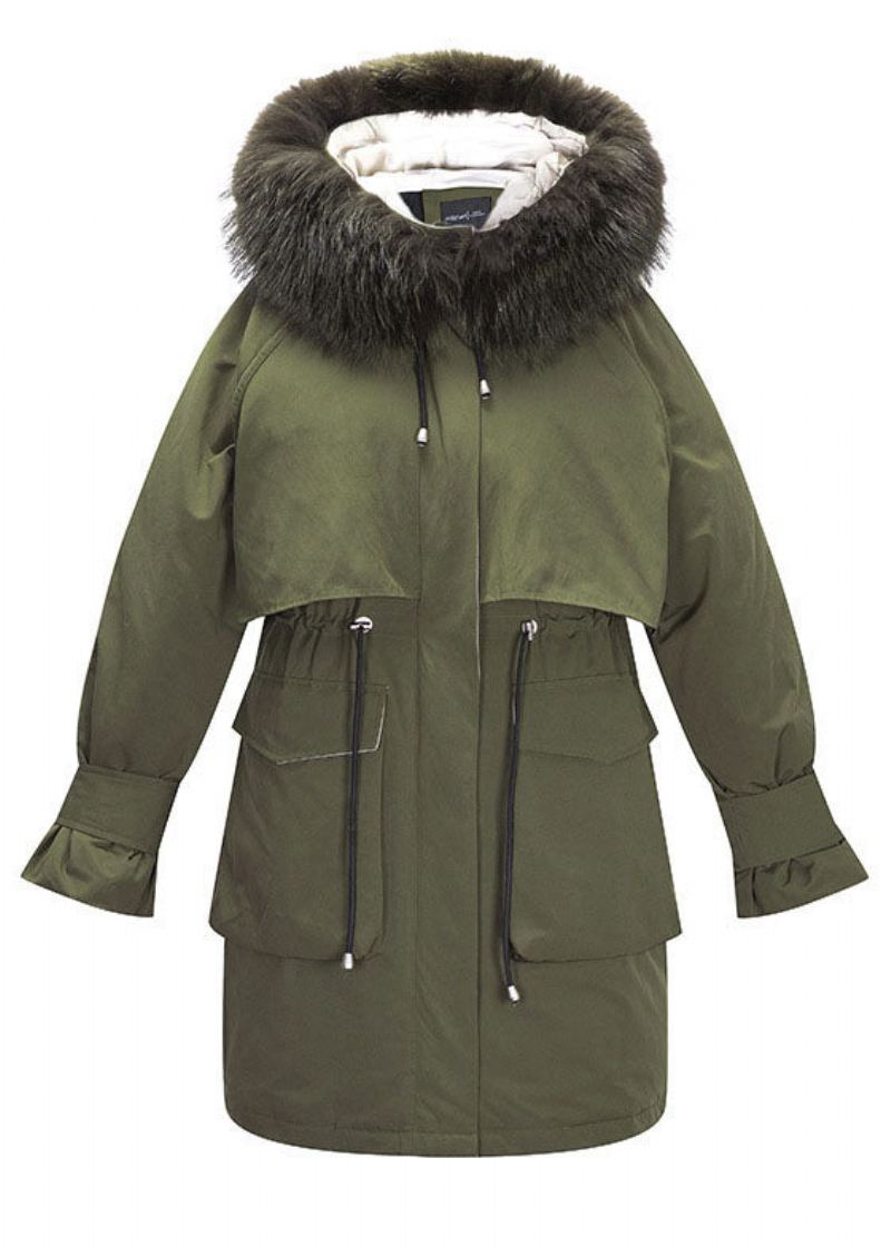 Manteau Bouffant En Duvet De Canard Vert Armée Moderne Poches À Col En Fourrure Cravate À La Taille Hiver - Doudounes femmes