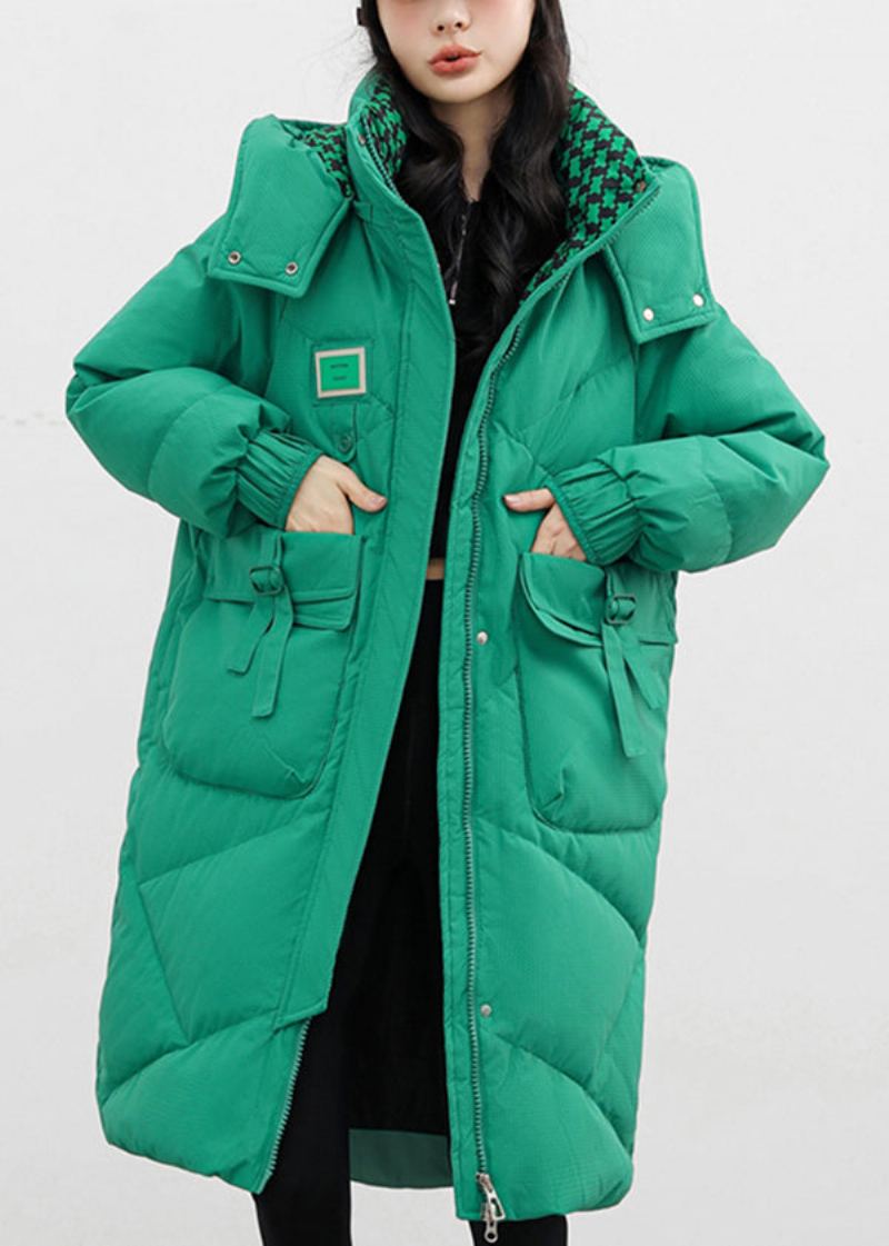 Manteau Bouffant Rempli De Coton Fin Avec Poches À Capuche Vert Français Hiver