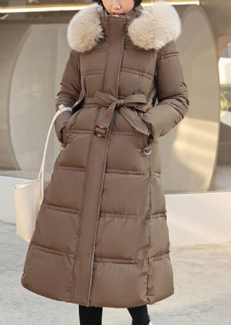 Manteau Bouffant Rempli De Coton Fin Unique Col En Fourrure De Café Cravate À La Taille Capuche Hiver