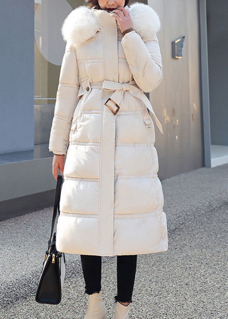 Manteau Bouffant Rempli De Coton Fin Unique Col En Fourrure De Café Cravate À La Taille Capuche Hiver - Doudounes femmes