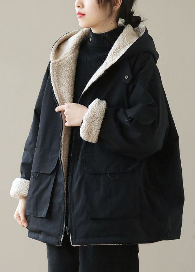 Manteau À Capuche En Coton Doublé De Laine Épaisse Avec Poches Zippées Noires À La Mode Hiver - Noir