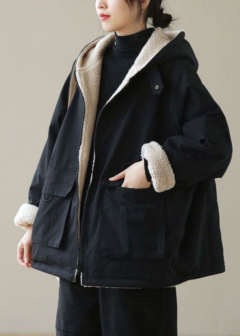 Manteau À Capuche En Coton Doublé De Laine Épaisse Avec Poches Zippées Noires À La Mode Hiver - Noir