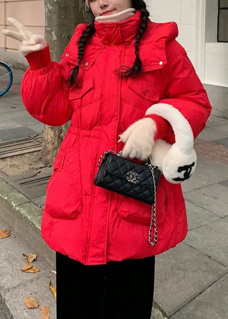 Manteau À Capuche En Duvet De Canard Rouge Pour Femme Poches Zippées Avec Cordon De Serrage Hiver - Doudounes femmes