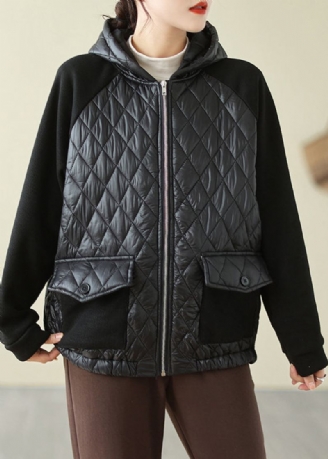 Manteau À Capuche Noir Rempli De Coton Fin Avec Poches Zippées De Grande Taille Hiver