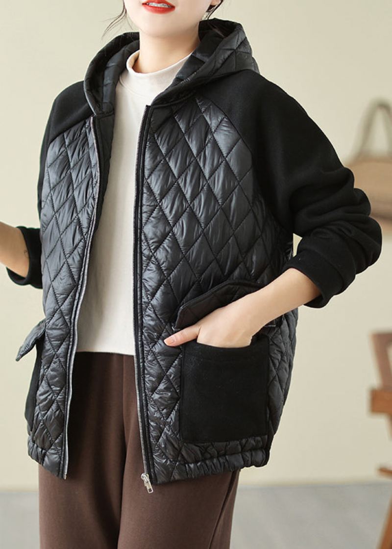 Manteau À Capuche Noir Rempli De Coton Fin Avec Poches Zippées De Grande Taille Hiver - Doudounes femmes