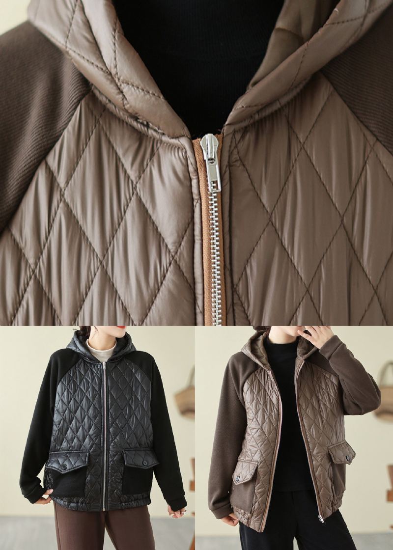 Manteau À Capuche Noir Rempli De Coton Fin Avec Poches Zippées De Grande Taille Hiver - Doudounes femmes