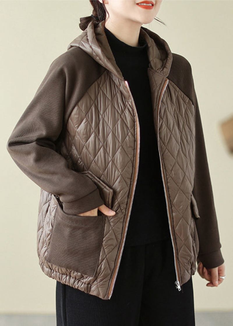 Manteau À Capuche Rempli De Coton Fin Avec Poches Café Patchwork Fermeture Éclair Hiver - Doudounes femmes