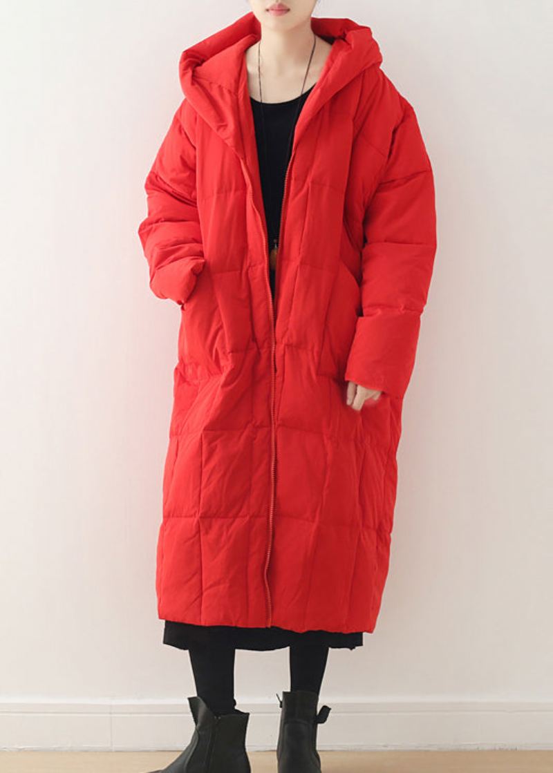 Manteau À Capuche Rouge Avec Poches Zippées Et Manches Longues - Rouge