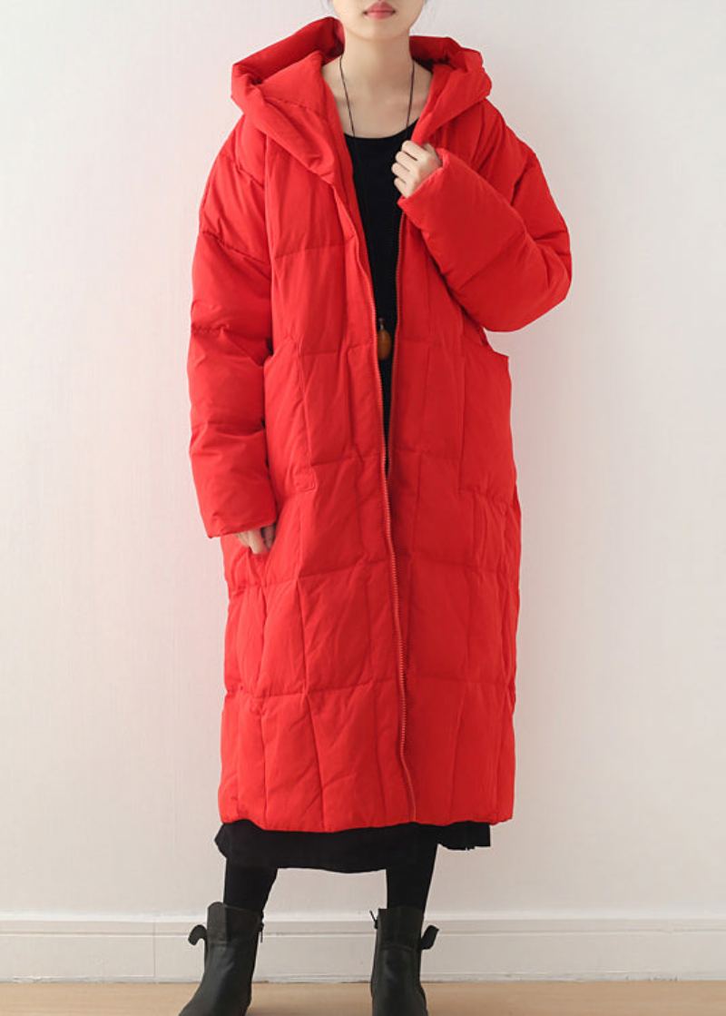 Manteau À Capuche Rouge Avec Poches Zippées Et Manches Longues - Rouge