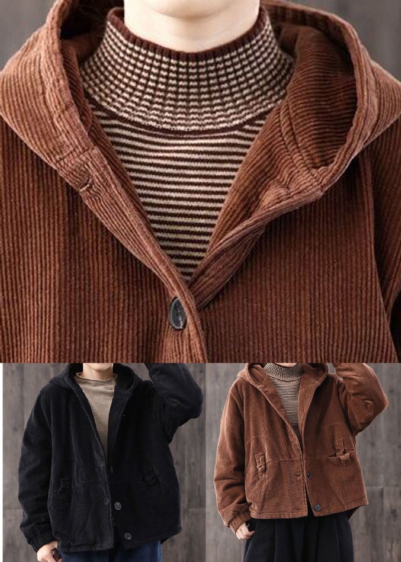 Manteau À Capuche En Velours Côtelé Épais Et Fin En Coton Chocolat Pour L'hiver - Café