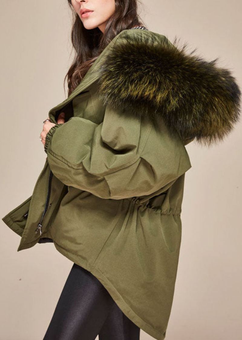 Manteau À Capuche Vert Armée Tendance Col En Fourrure Cordon De Serrage Duvet De Canard D'hiver