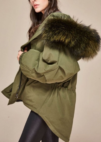 Manteau À Capuche Vert Armée Tendance Col En Fourrure Cordon De Serrage Duvet De Canard D'hiver