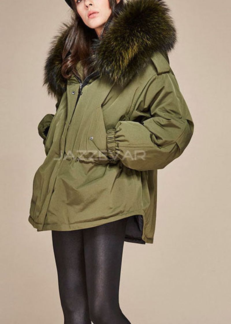 Manteau À Capuche Vert Armée Tendance Col En Fourrure Cordon De Serrage Duvet De Canard D'hiver - Vert Armée