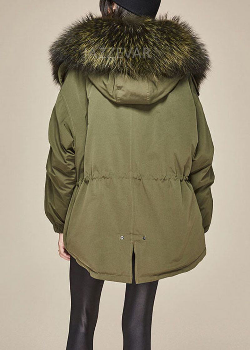 Manteau À Capuche Vert Armée Tendance Col En Fourrure Cordon De Serrage Duvet De Canard D'hiver - Vert Armée