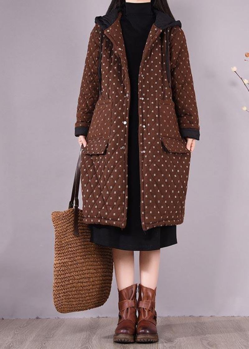 Manteau Chocolat Élégant Grande Taille Poches À Capuche Vêtements D'extérieur