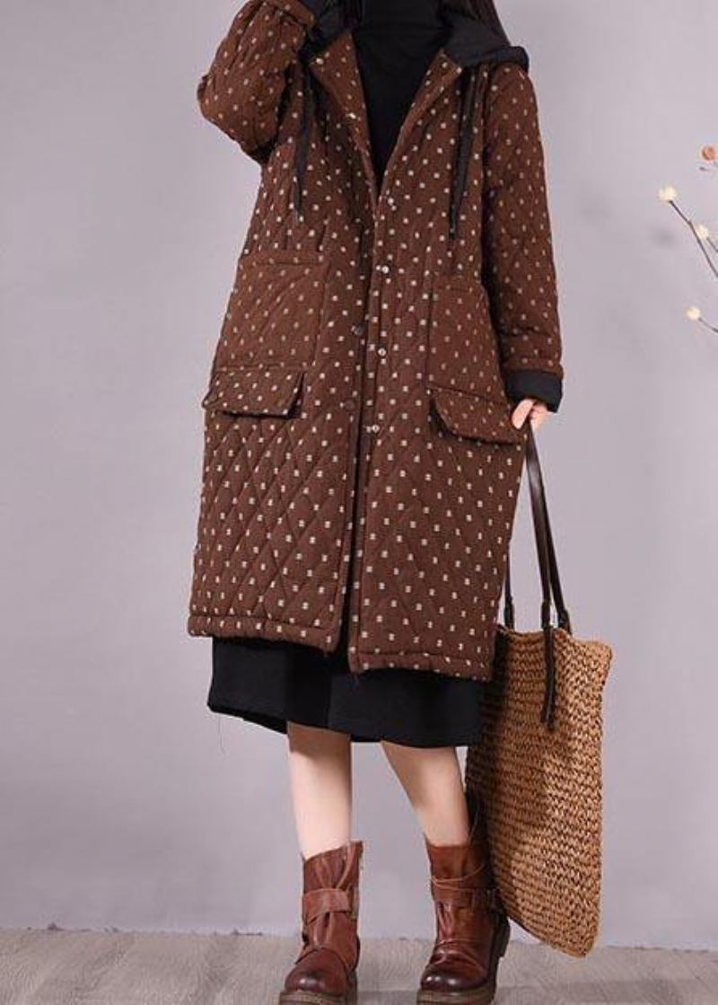 Manteau Chocolat Élégant Grande Taille Poches À Capuche Vêtements D'extérieur - Chocolat