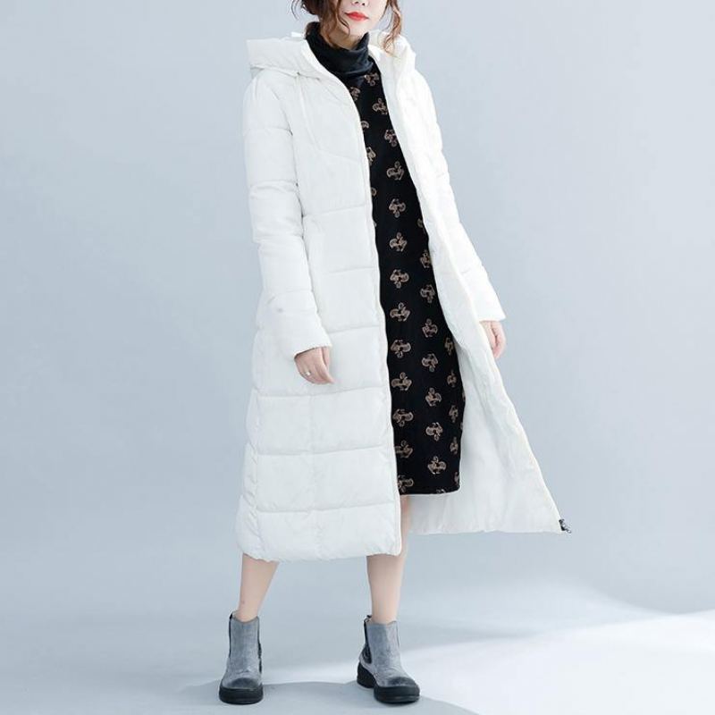 Manteau En Coton À Capuche Grande Taille Blanc Tendance Poches Élégantes Manteaux D'hiver En À Fermeture Éclair - Blanc