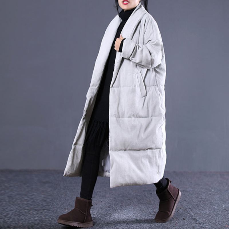 Manteau En Coton À Col Rabattu Pour Femme Gris Clair Mode Hiver Pardessus À Poches Fines - Doudounes femmes