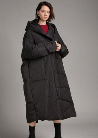 Manteau D’hiver Ample Avec Poches À Capuche Noires Faites À La Main