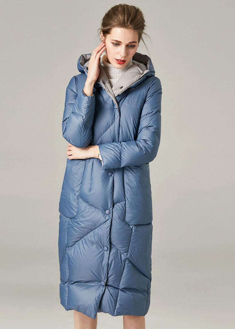 Manteau Décontracté Bleu À Capuche Avec Poches En Duvet De Canard Pour L'hiver - Bleu