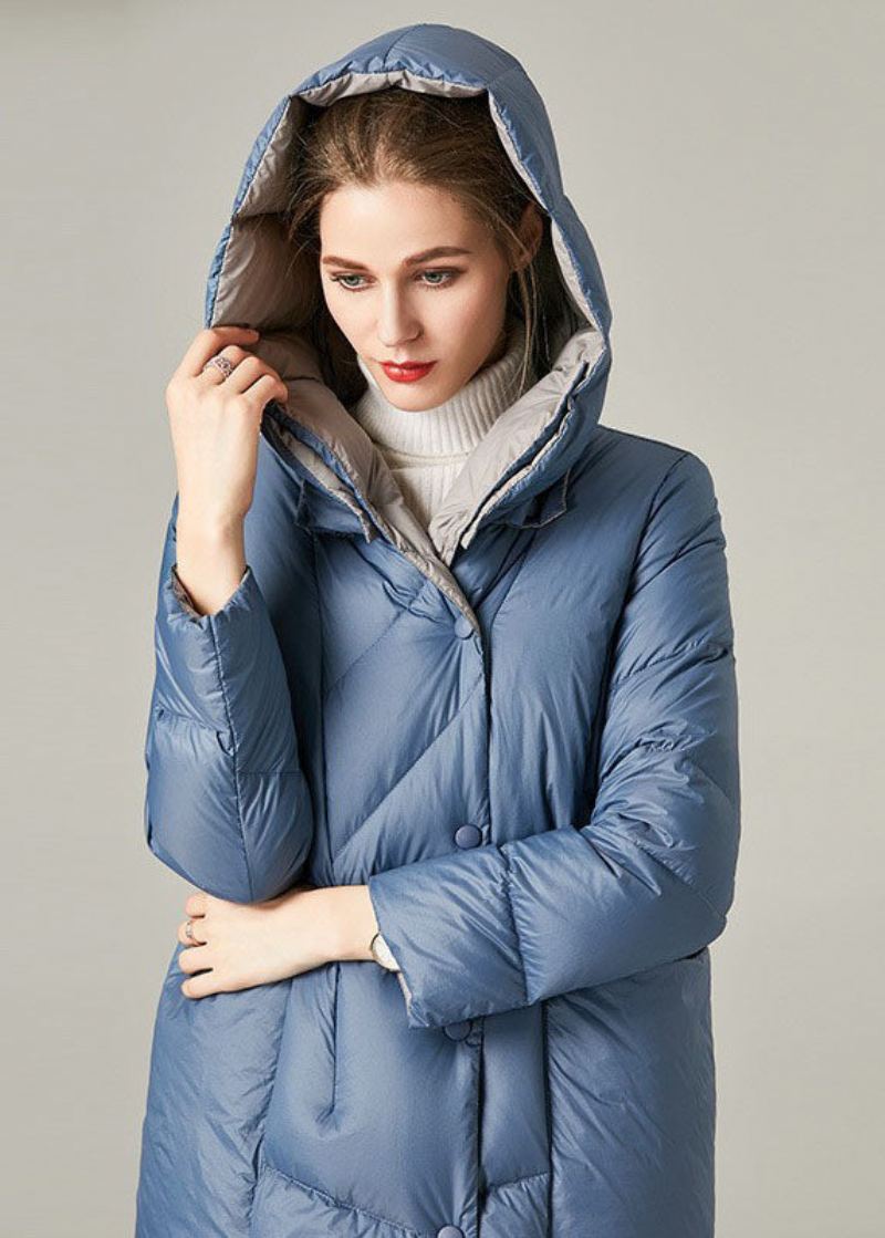 Manteau Décontracté Bleu À Capuche Avec Poches En Duvet De Canard Pour L'hiver - Bleu