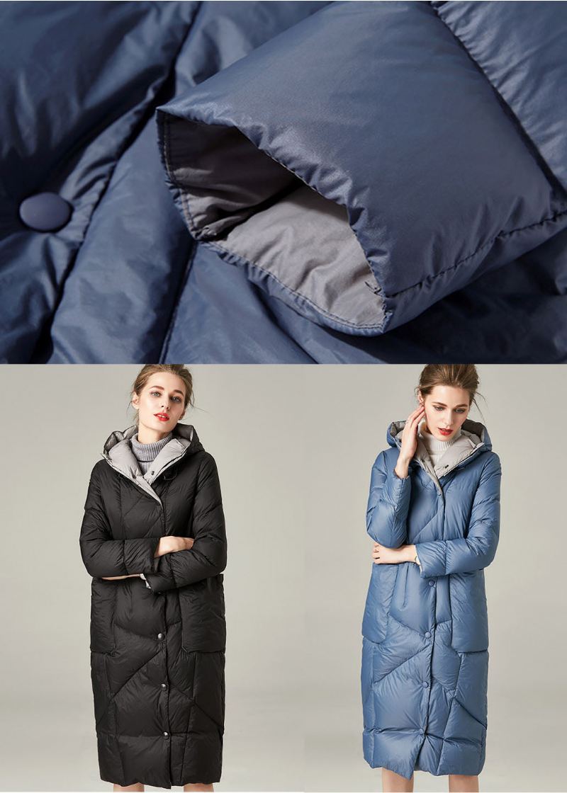 Manteau Décontracté Bleu À Capuche Avec Poches En Duvet De Canard Pour L'hiver - Bleu