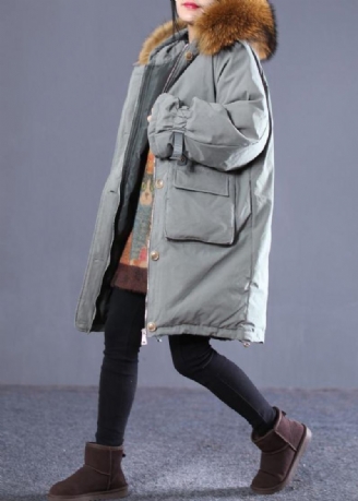 Manteau Décontracté En Duvet De Canard Gris Vert Doudoune Surdimensionnée Capuche Fermeture Éclair Manches Évasées Col En Fourrure Vêtements D'extérieur Hiver