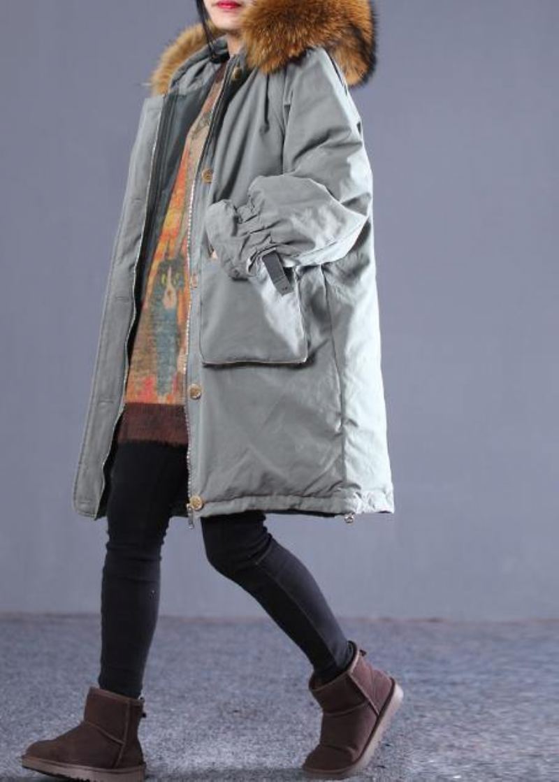 Manteau Décontracté En Duvet De Canard Gris Vert Doudoune Surdimensionnée Capuche Fermeture Éclair Manches Évasées Col En Fourrure Vêtements D'extérieur Hiver - Doudounes femmes