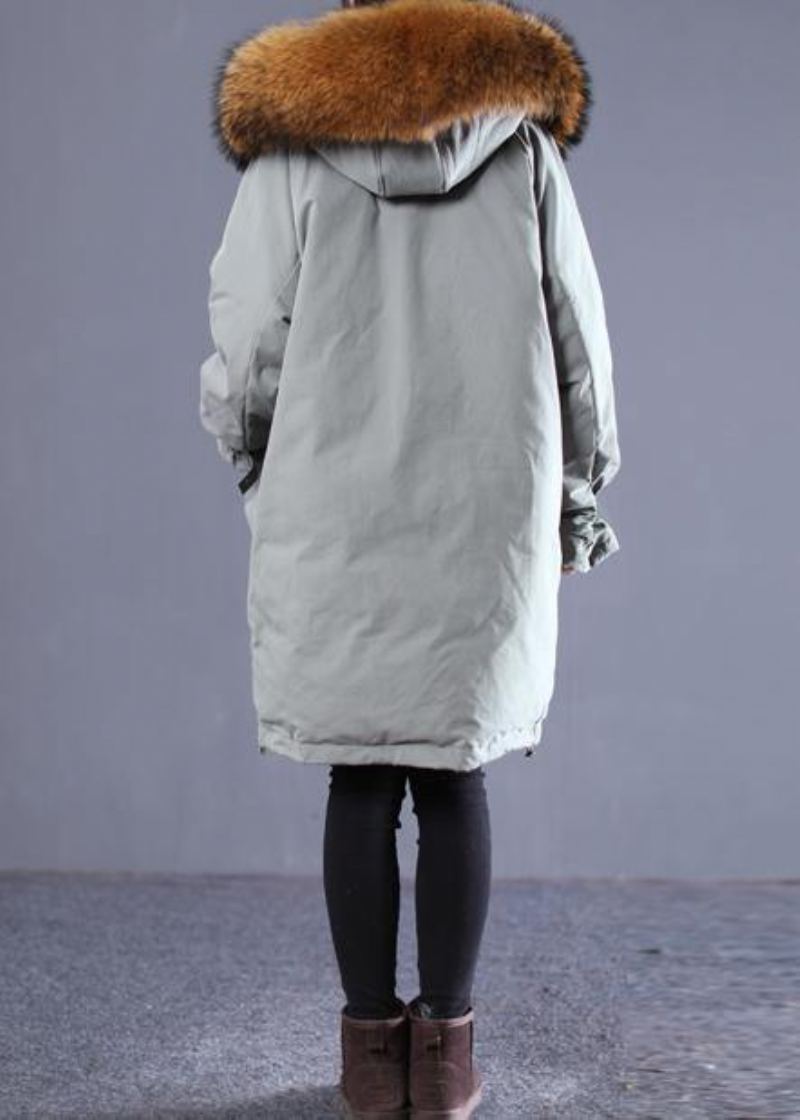 Manteau Décontracté En Duvet De Canard Gris Vert Doudoune Surdimensionnée Capuche Fermeture Éclair Manches Évasées Col En Fourrure Vêtements D'extérieur Hiver - Doudounes femmes