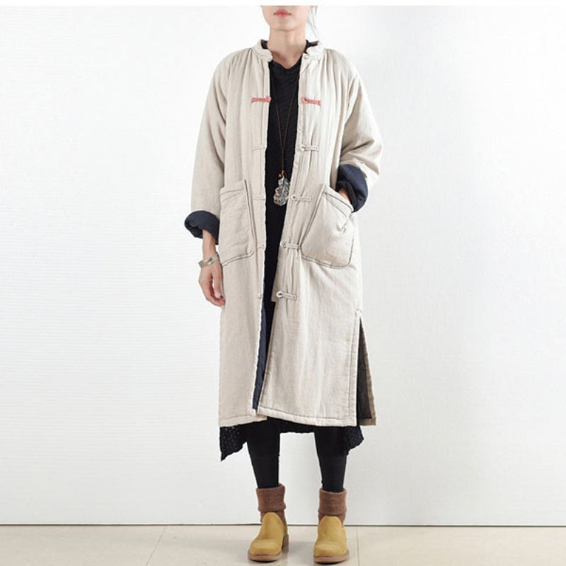 Manteau Décontracté De Luxe Beige Blanc Ample En Coton Trench-coat Élégant Ouvert Sur Le Côté Bouton Chinois