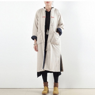 Manteau Décontracté De Luxe Beige Blanc Ample En Coton Trench-coat Élégant Ouvert Sur Le Côté Bouton Chinois